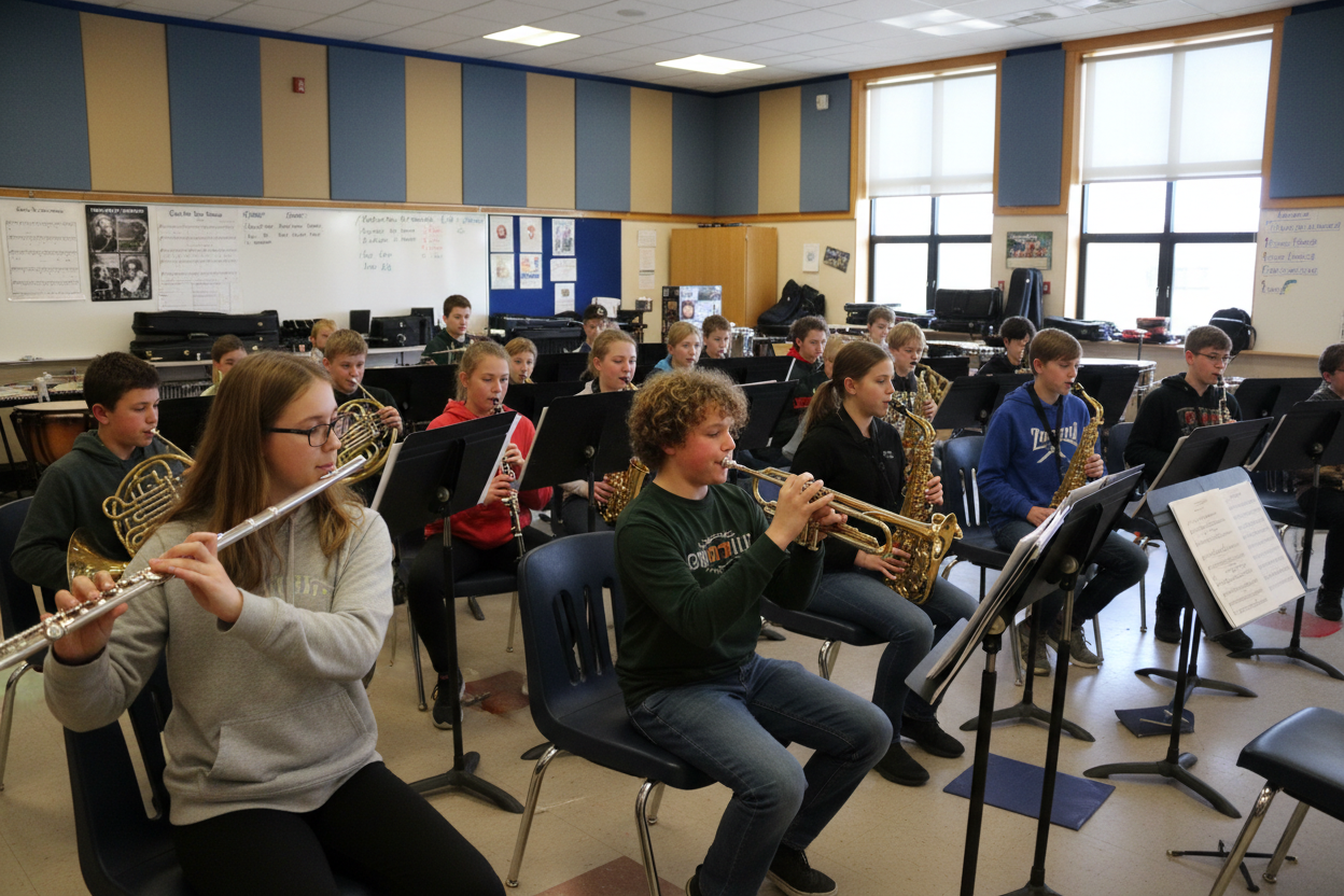 Students with instruments in junior high band room